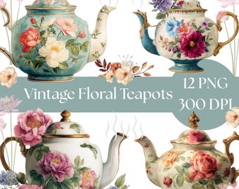 Vintage Floral Teapot Clipart: Watercolor PNGs (Digital Download)