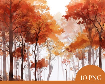 Clipart de outono, Estética aconchegante de outono, Clipart de floresta e árvore, Desenhos em aquarela, Download digital para scrapbooking e artesanato, Outono PNG