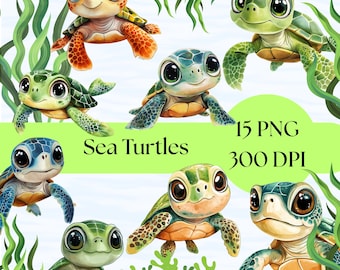 Cute Sea Turtles Clipart, Ocean Animals PNG, Digital Download for Kids, Sublimation Art, Nursery Decor Ideas, crafts and scrapbooking png