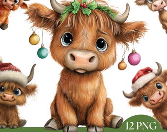 Christmas Highland Cow Clipart: Festive Farm Animal Graphics (PNG Digital Download)