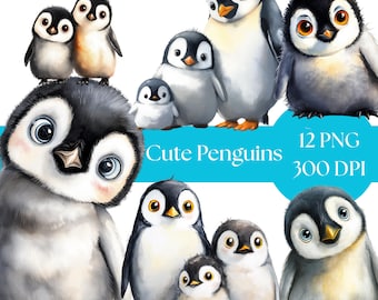 Watercolor Baby Penguin Clipart, Kawaii Winter Animal PNG (Digital Download)
