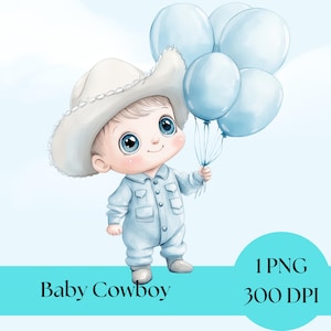 Baby Boy Cowboy Clip Art, Watercolor Western Theme, Baby Shower Decor, Cute Cowboy Clipart, Digital Download for Nursery Art, commercial use