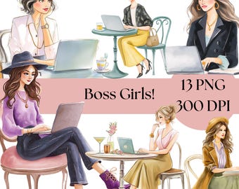 Girl Boss Clipart: Fashion Lady PNG Stickers (Digital Download)