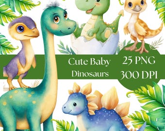 Cute Baby Dinosaur Clip Art, Watercolor Dino PNG, Nursery Decor, Digital Download, Birthday Party Graphics, T-Rex clipart, crafts scrapbook