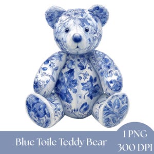 Blue Toile Teddy Bear Clipart, Vintage Nursery Art, Watercolor PNG for Baby Shower Decorations, Digital Download, graphics for invitations