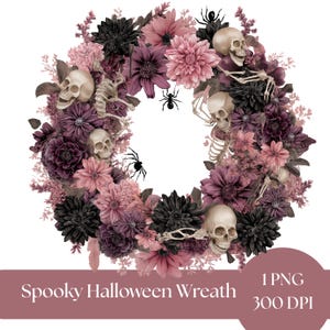 Halloween Wreath Clipart, Watercolor Floral PNG, Digital Download, Fall Flower Bouquet, Halloween Decor, graphics for crafts and scrapbooks