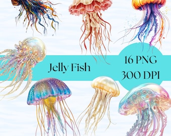 Qualle Clipart, süße Aquarell Qualle PNG, Ozean Tiere Digital Download, Kinderzimmer Dekor, Meer Leben Kunst, kommerzielle Nutzung Meeresbewohner