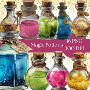 Potion Bottle Clip Art, Watercolor Magic Vials, Halloween Digital Download, PNG Files for Crafting Projects and scrapbooks, witchy clipart