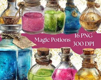 Watercolor Potion Bottle Clip Art: Magic Vial PNG Images (Digital Download