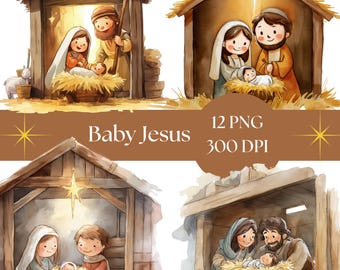 Clipart del Niño Jesús, Belén en acuarela, Descarga digital imprimible, Manualidades navideñas, Arte de la Sagrada Familia, Manualidades religiosas, Diario basura