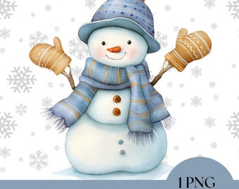 Clipart di un simpatico pupazzo di neve invernale, grafica PNG digitale per Natale, adorabili illustrazioni di pupazzo di neve per lavoretti, uso commerciale, fiocchi di neve png