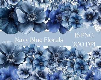 Navy Watercolor Floral Clipart: Blue Flower Bouquets (Digital Download)