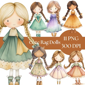 Clipart de poupée de chiffon, PNG de poupées aquarelle mignonnes, art numérique de scrapbooking, illustrations pour enfants, travaux manuels imprimables, décoration de chambre d'enfant, invitation