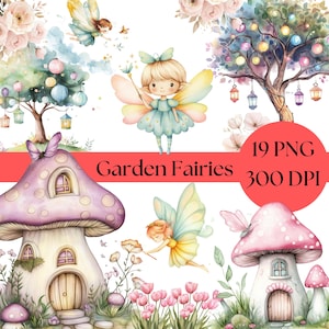 Fairy Garden Clipart, Watercolor Magical Fairy Bundle, Cute Enchanted Forest PNG, Birthday Decor, Commercial Use, pink fairy clip art