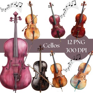 Cello Clipart, PNG Digital Files, Watercolor Cello Graphics, Sublimation Art for Musicians and Crafters, musical instruments graphics