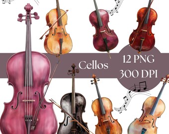 Watercolor Cello Clipart: PNG Digital Files for Musicians