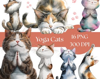 Cat Yoga Clipart: Watercolor Kittens in Yoga Poses (Digital Download