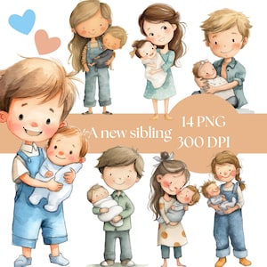 May include: Watercolor illustrations of children holding babies. The image includes the text "A new sibling", "14 PNG", and "300 DPI". The children are wearing various outfits, including overalls and dresses. Two hearts are in the upper left corner.