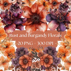 Rust Floral Clipart, Watercolor Autumn Flowers, Fall Bouquets, Digital Download PNG, Rustic Wedding Graphics, burgandy flowers invitation
