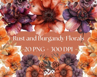 Watercolor Rust Floral Clipart: Autumn Burgundy Flowers (Digital Download PNG)