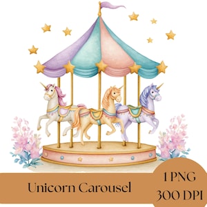 Unicorn Carousel Clipart, Watercolor Carnival Art, Baby Shower Graphics, Nursery Decor, Digital Download PNGs, birthday party decor, horses