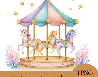 Watercolor Unicorn Carousel Clipart: Baby Shower PNG (Digital Download)