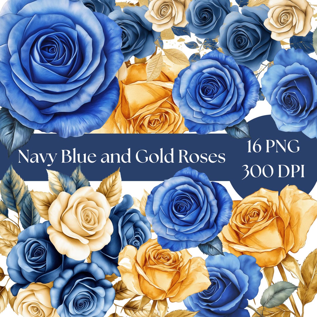 Royal Blue & Gold Roses Watercolor Clipart: Elegant Floral PNG (digital ...