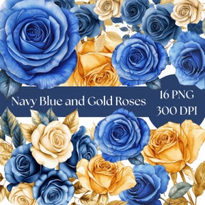 Clipart de roses bleu royal et or, aquarelle florale or PNG, téléchargement numérique, clipart élégant pour faire-part et mariage, fleurs bleues