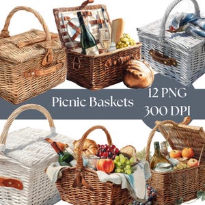 Picnic Basket Clipart, Watercolor Summer Illustrations, Digital Download for Scrapbooking and crafts, Food PNG Graphics, commercial use png
