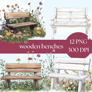 Floral Bench Clipart, Vintage Watercolor Garden Art, Printable Digital Download, High-Quality Clipart Bundle, crafting and scrapbooking PNG