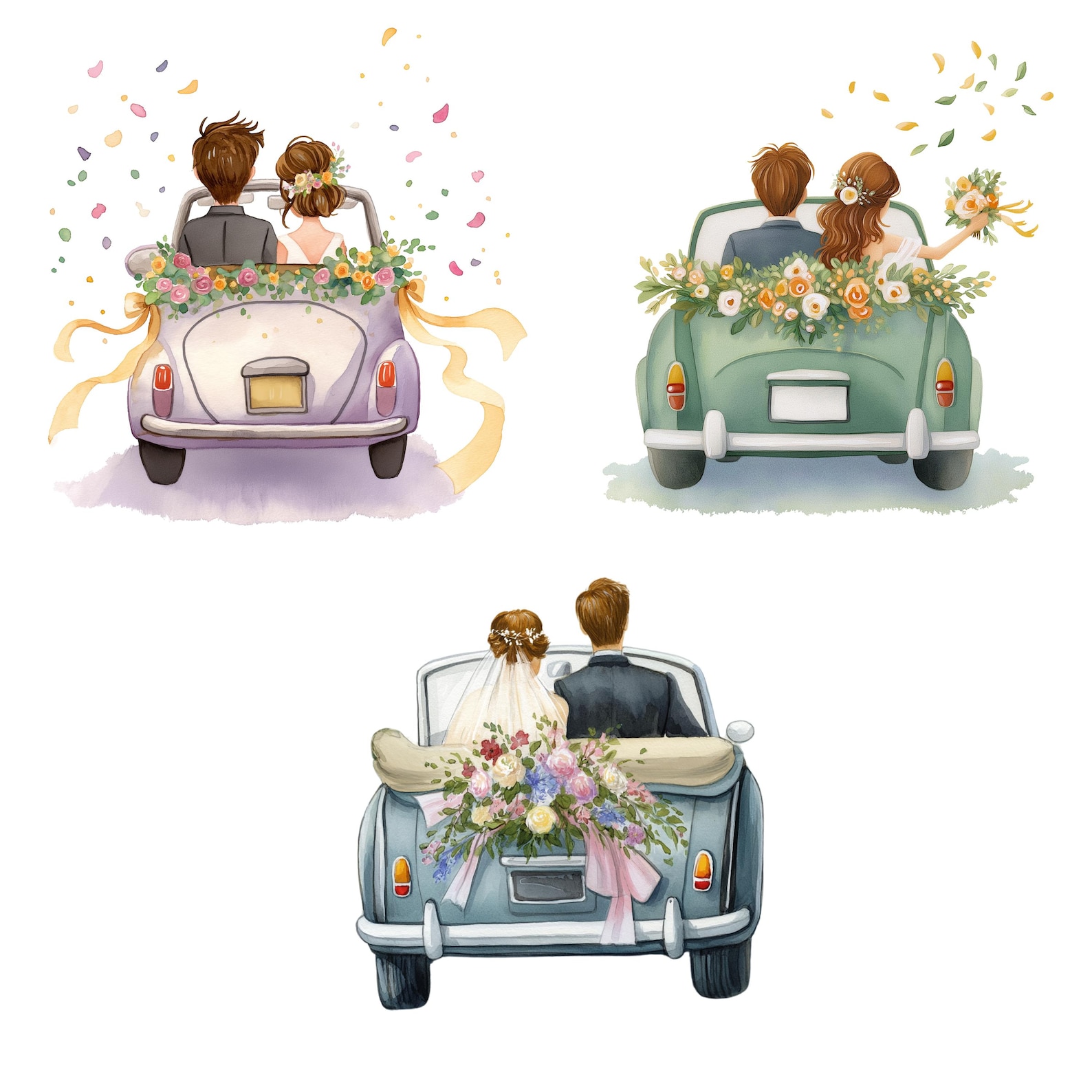 Just Married Car Clipart, Wedding Day Digital Download, Bride and Groom ...