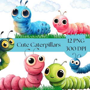 cute caterpillar clipart, fun insect graphics, adorable digital downloads, commercial use PNG, nursery decor, crafts and scrapbooking