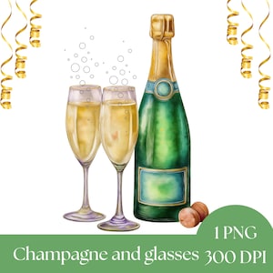 Champagne Bottle Clipart, Watercolor wine Celebration Graphics, Birthday PNG, Wedding Clipart, Digital Download Art, commercial use clipart