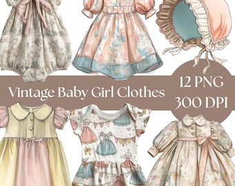 Vintage babykleertjes clipart: aquarel kinderkamerkunst (digitale download, png-afbeeldingen