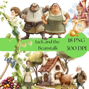 Jack and the Beanstalk Clip Art, Watercolor Fairy Tale Graphics for Kids Crafts, Storybook Decor, Digital Download, commercial use