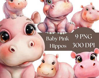 Clipart babyroze nijlpaard: kinderkamerkunst png (digitale download, commercieel gebruik)