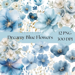 Blue Floral Clipart, Watercolor Flowers PNG, Digital Download, Wedding Bouquet, Floral Art for Crafts and scrapbook commercial use clipart