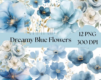 Blue Watercolor Floral Clipart: Wedding Bouquet PNG (Digital Download)
