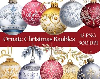 May include: A collection of ornate Christmas baubles in various colors, including gold, red, silver, and blue. Each bauble features intricate designs and patterns. The image includes the text "Ornate Christmas Baubles" and "12 PNG 300 DPI".