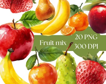 Fruit Clipart Bundle, Watercolor Fruits PNG, Cute Fruit Clipart, Digital Download for Commercial Use, Instant Download, clip art for crafts