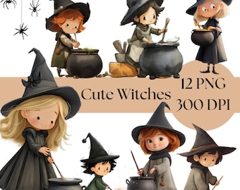 Watercolor Witch Clipart Bundle: Spooky Halloween PNG (Digital Download, Commercial Use