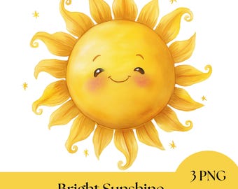 Imágenes prediseñadas de un sol sonriente en acuarela, PNG para fiestas de verano (descarga digital)