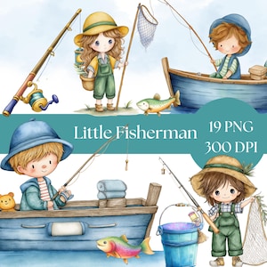 Kleiner Fischer Clipart, Aquarell Angeln Kunst, süße Junge Angeln, Printable Digital Download für Kinder, Baby-Dusche Dekor und Kunsthandwerk, Boot