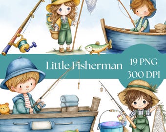 Little Fisherman Clipart, Watercolor Fishing Art, Cute Boy Fishing, Printable Digital Download for Kids, baby shower decor and crafts, boat