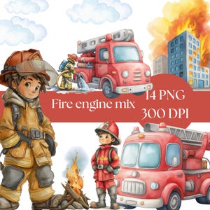 Clipart acquerello di camion dei pompieri, png di camion dei pompieri, invito per festa di compleanno per ragazzi, grafica commerciale per download digitale in formato PNG, clipart di camion dei pompieri, vigile del fuoco