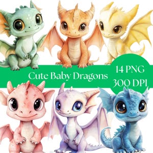 Baby Dragon Clipart Bundle, Cute Watercolor PNG Bundle for Nursery Decor, Digital Download, Fantasy Art for Kids crafts and scrapbooking