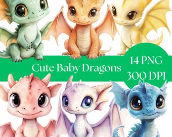 Baby Dragon Clipart Bundle, Cute Watercolor PNG Bundle for Nursery Decor, Digital Download, Fantasy Art for Kids crafts and scrapbooking