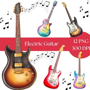 Electric Guitar Clipart Bundle, High Quality PNGs, Digital Download, Music Clipart for Commercial Use, Wall Art, musical instruments, crafts