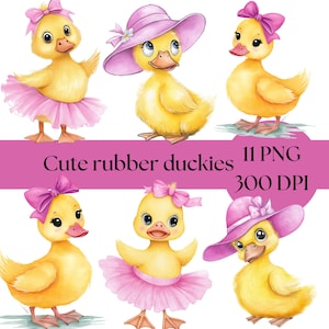 Clipart di paperella rosa, download digitale di adorabile paperella di gomma, decorazioni per baby shower, adesivi carini, file di immagini PNG, paperella gialla, diario di spazzatura