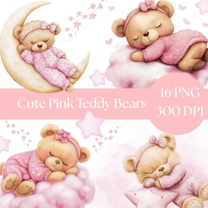 Cute Pink Teddy Bear Clip Art, Adorable Watercolor PNG, Baby Shower Decor, Digital Download, Nursery Art for Kids, graphics for crafts